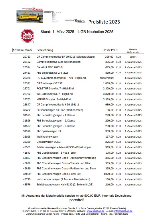 Unsere Vorbestellpreisliste 2025 für Neuheiten von LGB 
