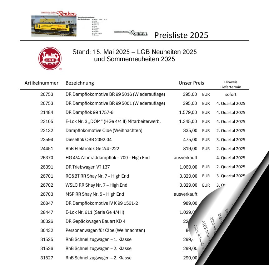 Unsere Vorbestellpreisliste 2025 für Neuheiten von LGB inkl. Sommer-Neuheiten